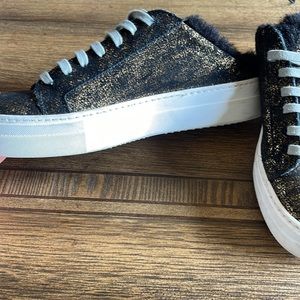 P448 Clara Faux Fur Mule.  Black with Gold.  Size 37